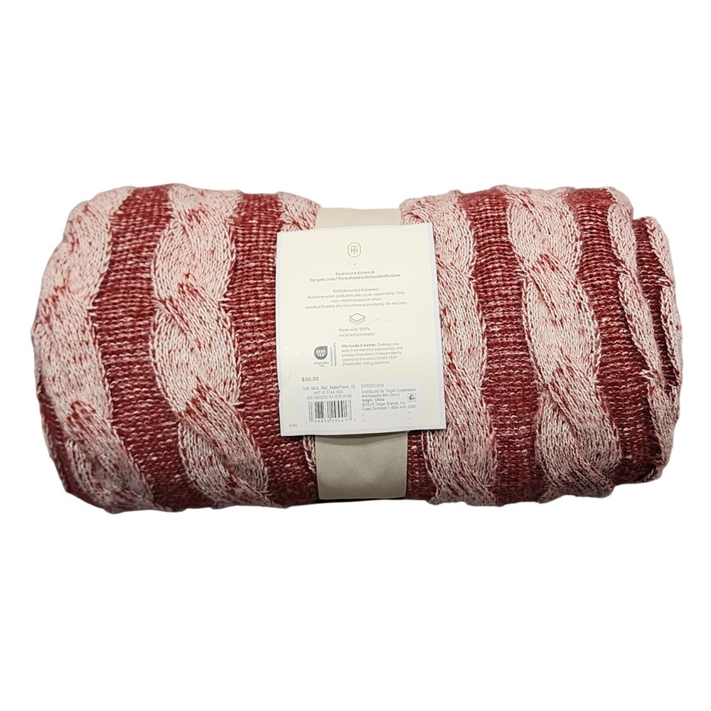 Threshold‎ with Studio McGee Burgundy and Cream Cable Knit Throw Blanket 50x60 - Picture 2 of 6